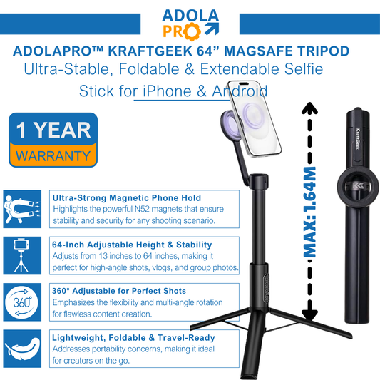 Adolapro™ KraftGeek 64” MagSafe Tripod-Works with all smartphones