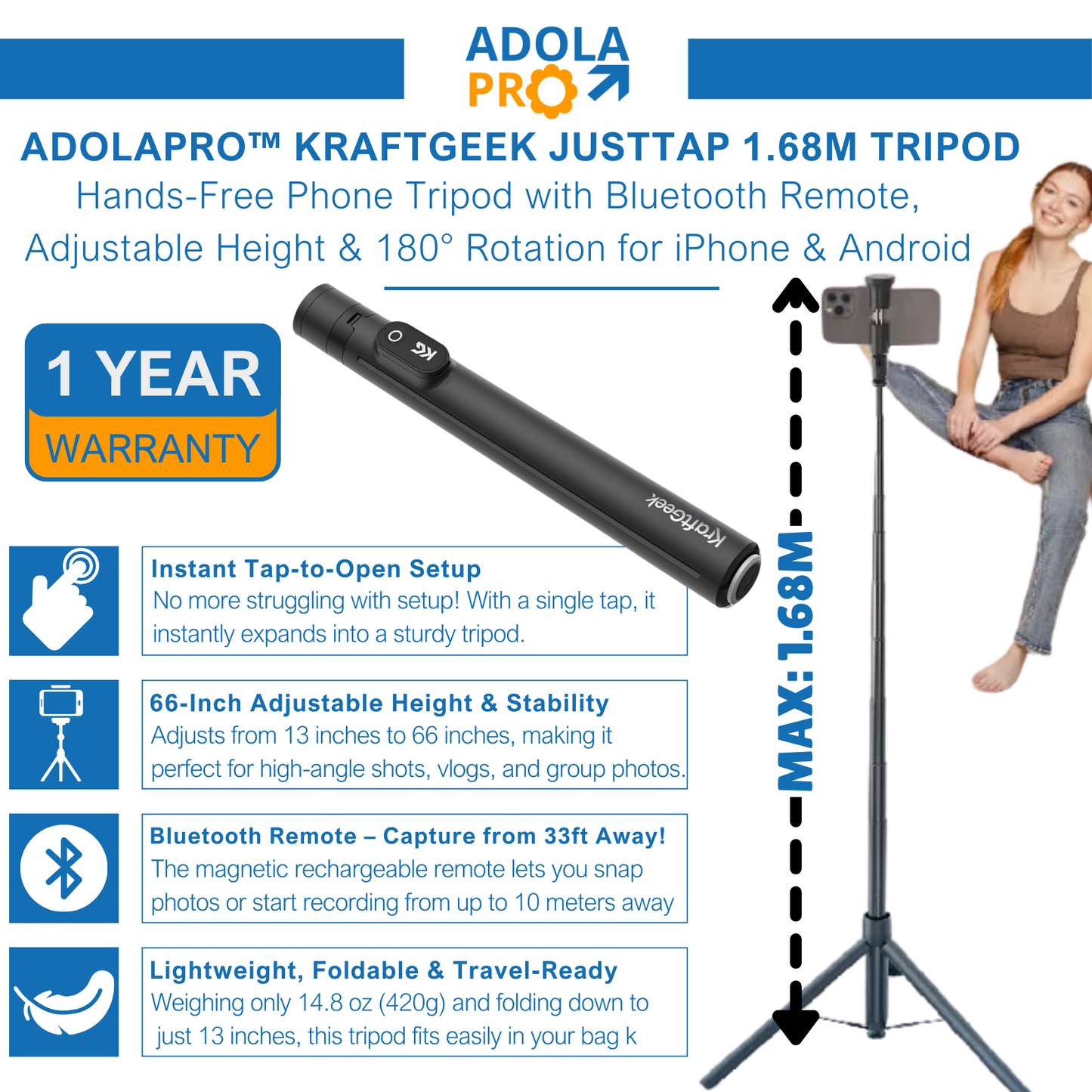 ขาตั้งกล้อง Adolapro™ JustTap 1.68M แบบเปิดอัตโนมัติ