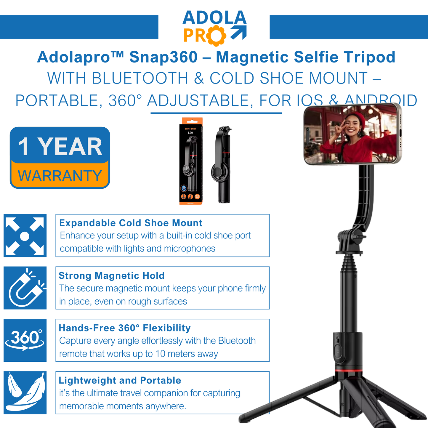 Adolapro™ Snap360 – ขาตั้งกล้องเซลฟี่แบบแม่เหล็ก