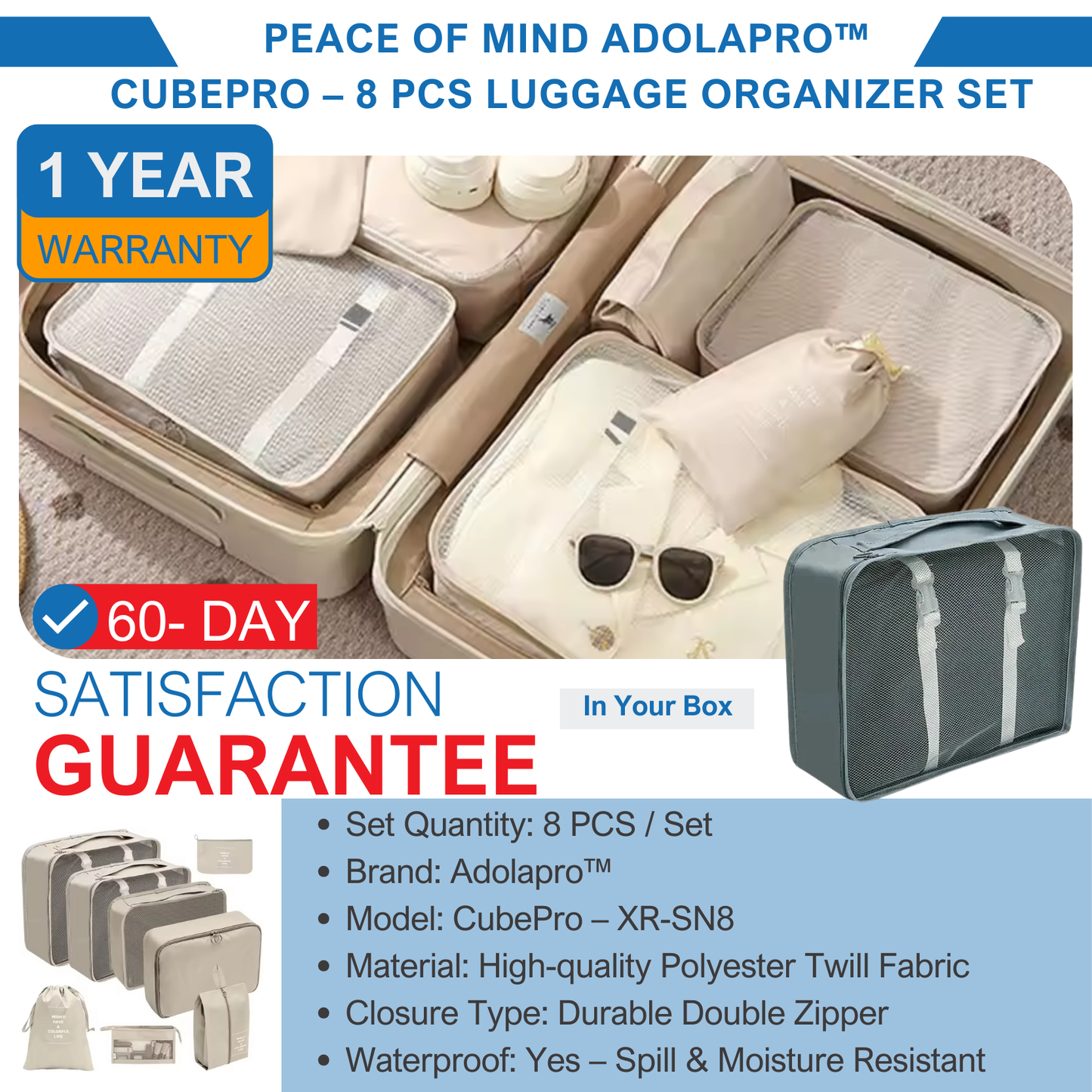 Adolapro™ CubePro – 8 PCS Luggage Organizer Set