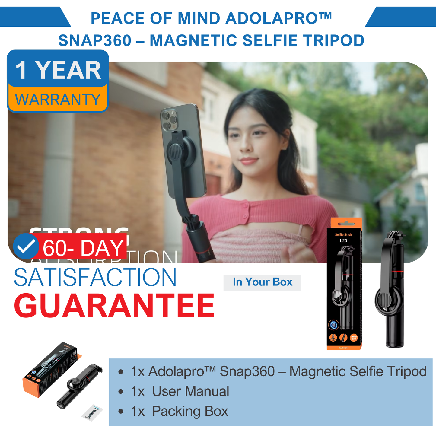 Adolapro™ Snap360 – ขาตั้งกล้องเซลฟี่แบบแม่เหล็ก