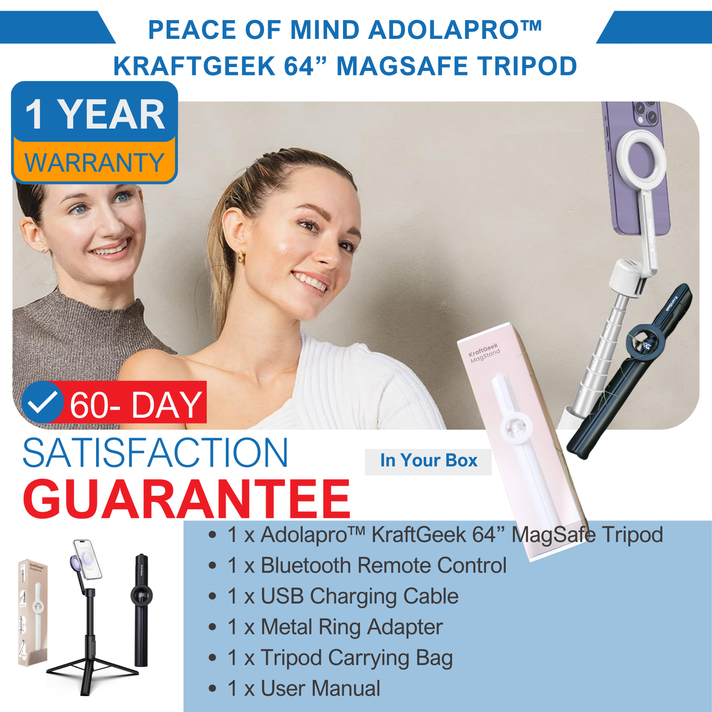 Adolapro™ KraftGeek 64” MagSafe Tripod-Works with all smartphones
